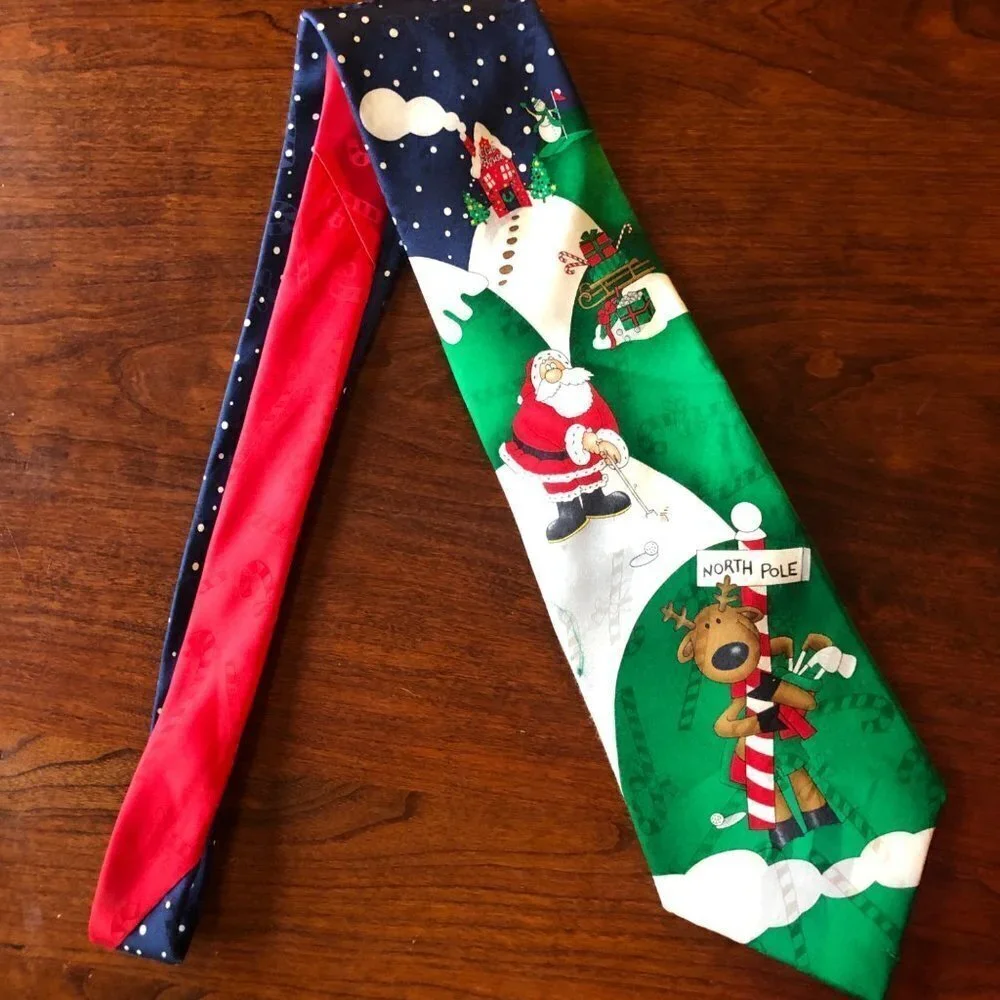 Hallmark Yule Tie Greetings‎ Silk Santa Golfing Tie with Reindeer